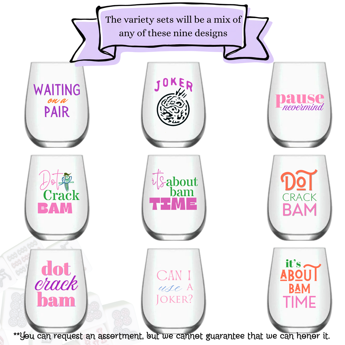 Mahjong Stemless 4ct VARIETY Mix Set Plastic Wine Glasses
