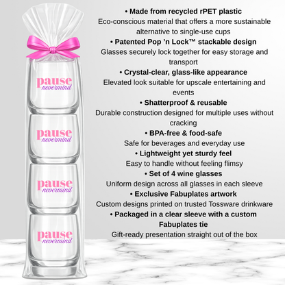Mahjong Stemless 4 ct Set Wine Glasses "Pause Nevermind"