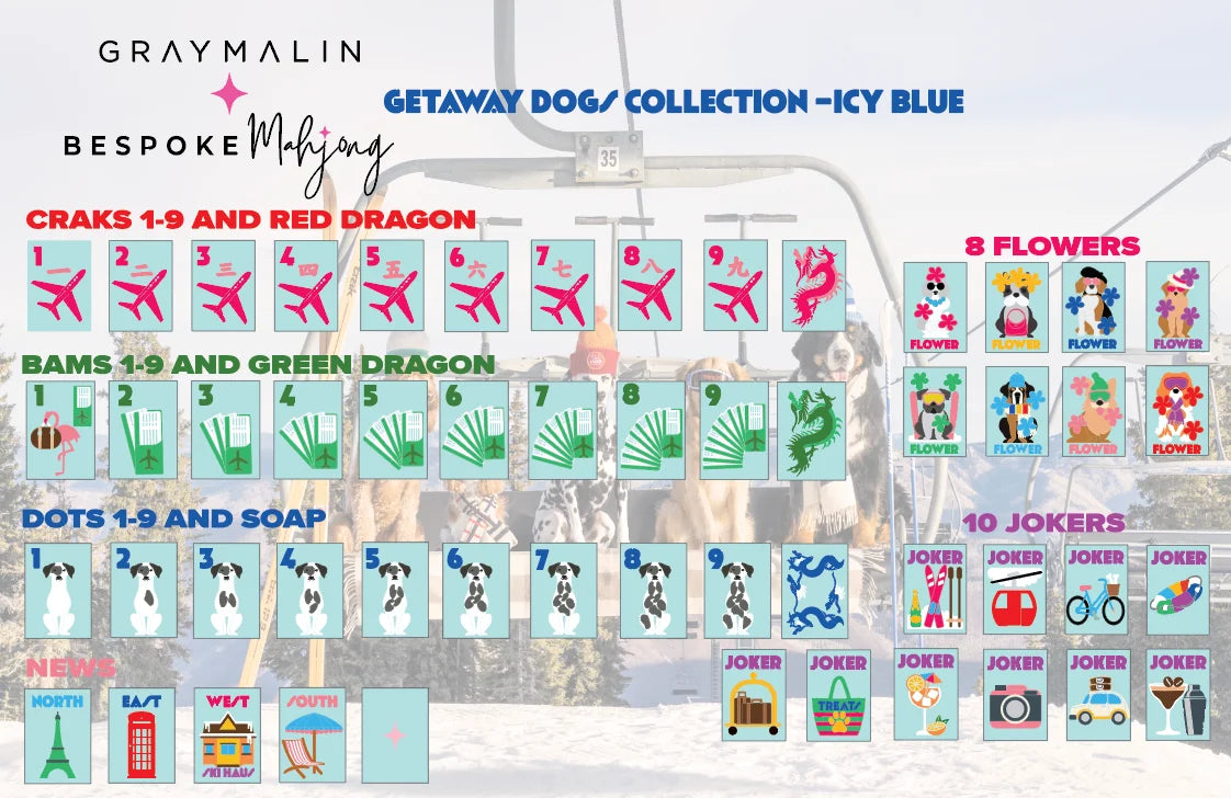 Icy Blue Bespoke X Gray Malin Getaway Dogs Mahjong Tiles | Bespoke Mahjong