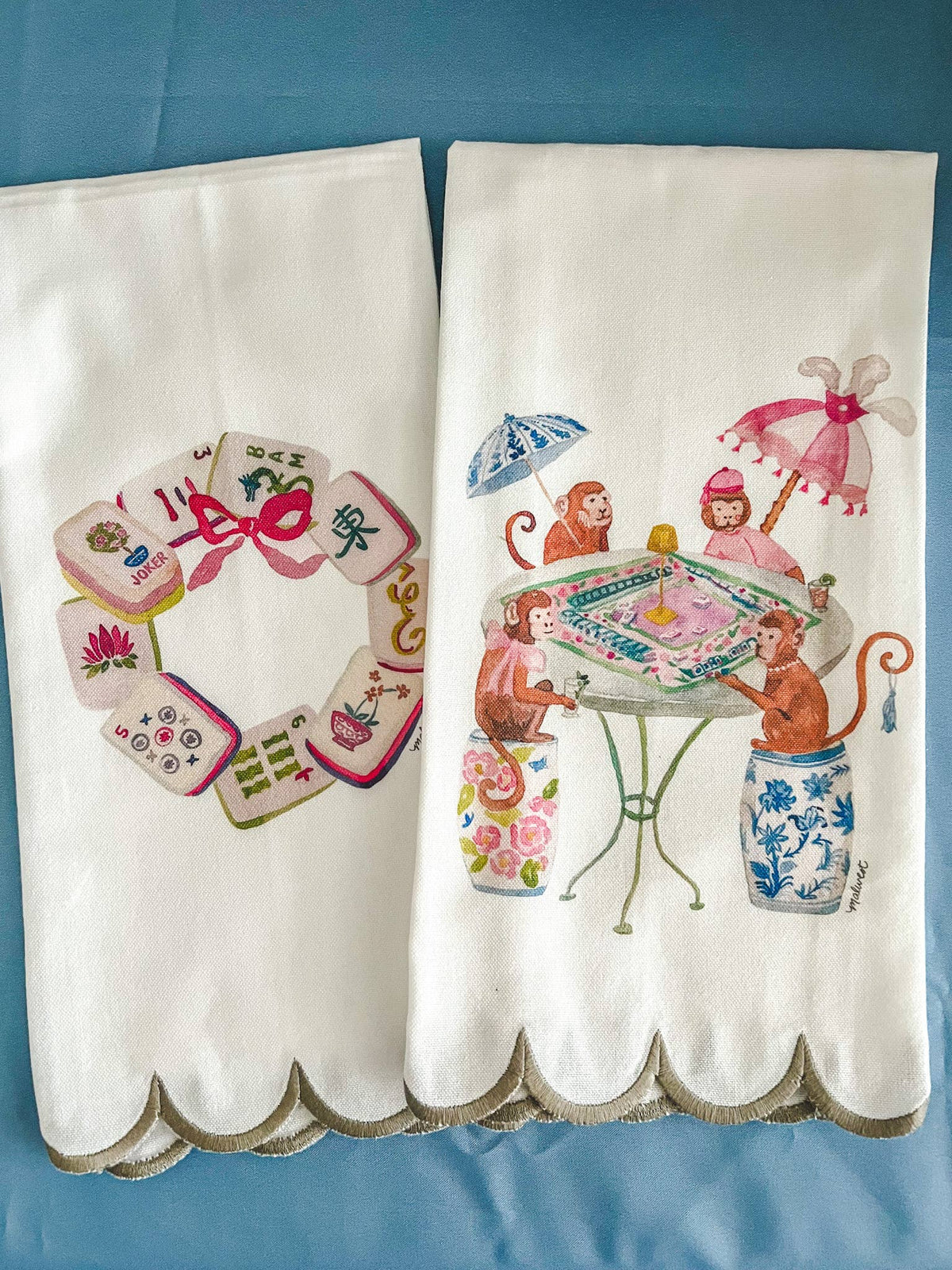 Mahjong Monkeys Scalloped Tea Towel